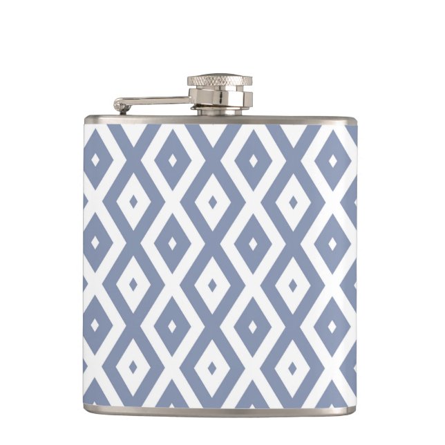 Blue grey and white diamond pattern hip flask (Front)