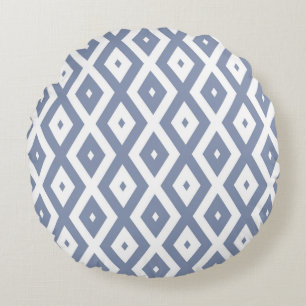 Blue grey and white diamond pattern round cushion