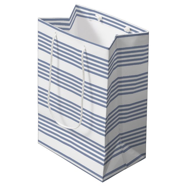Blue-grey and white five stripe pattern medium gift bag (Front Angled)