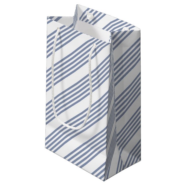 Blue-grey and white five stripe pattern small gift bag (Front Angled)
