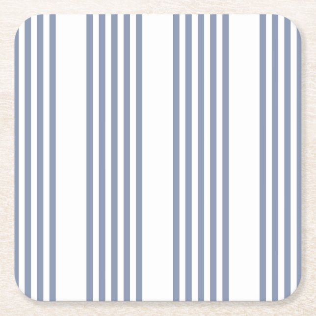 Blue-grey and white five stripe pattern square paper coaster (Front)