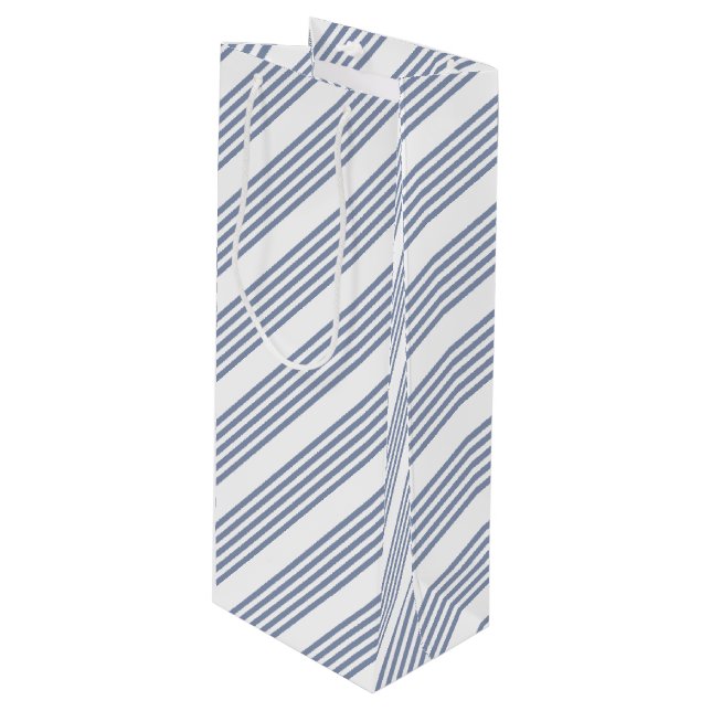 Blue-grey and white five stripe pattern wine gift bag (Front Angled)
