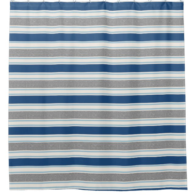 Blue, Grey And White Striped Shower Curtain (Front)