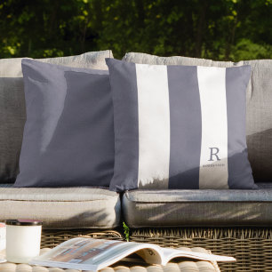 Blue Grey and White Stripes Monogram Name Outdoor Cushion