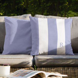 Blue Grey and White Stripes Monogram Name Outdoor Cushion