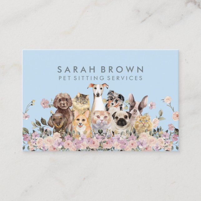 Blue Grey Animal Flowers Pet Dogs Cats Business Card (Front)