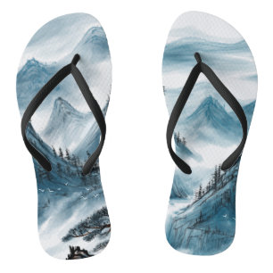 Blue-grey Artistic Mountain Painting Chinoiserie Thongs