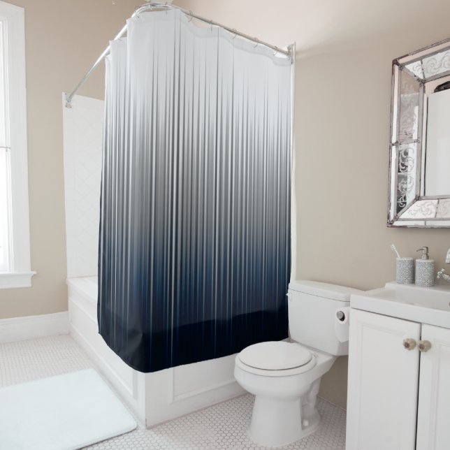 Blue Grey Asymmetrical Pleat Stripe Print Shower Curtain (In Situ)