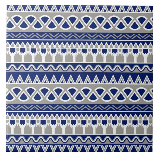 blue grey aztec tiled pattern ceramic tile (Front)