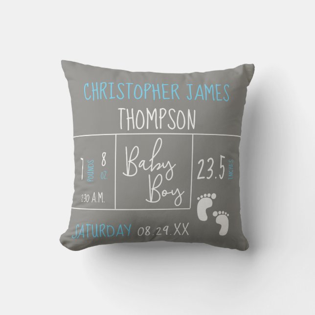 Blue Grey Baby Boy photo Birth Announcement Cushion (Front)