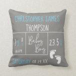 Blue Grey Baby Boy photo Birth Announcement Cushion<br><div class="desc">Personalised with baby boy's photo on the back and the font is an elegant and modern mix of typography announcing baby's full name, birth date, weight, length, time of birth. "Baby boy" is done in a hand lettering script font in the middle. The blue accent colours can be interchanged if...</div>