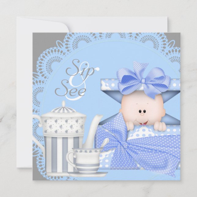 Blue Grey Baby Boy Sip And See Invitations (Front)