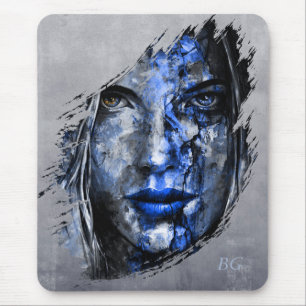 Blue Grey Bad Girl face and monogram Mouse Pad