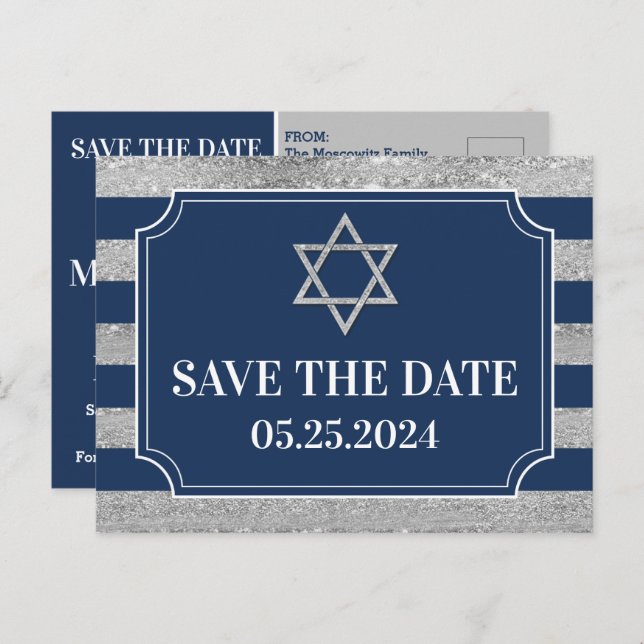 Blue, Grey Bar Mitzvah Save the Date Postcard (Front/Back)