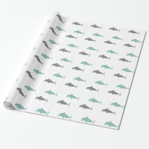 Blue Grey Beach Ocean Dolphins Birthday Wrapping Paper