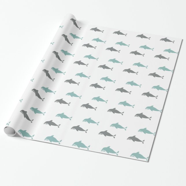 Blue Grey Beach Ocean Dolphins Birthday Wrapping Paper (Unrolled)