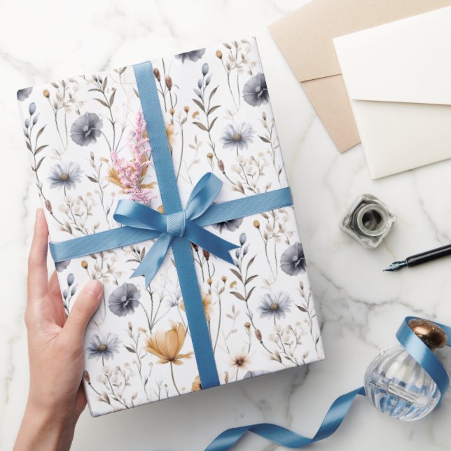 Blue Grey Beige Brown White Boho Flowers Birthday Wrapping Paper (Gifting)