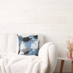 Blue Grey Black Abstract Brushstrokes Cushion