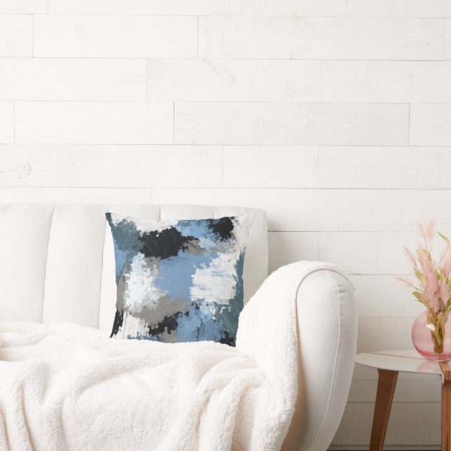 Blue Grey Black Abstract Brushstrokes Cushion (Couch)