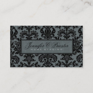 Blue-Grey & Black Elegant Vintage Floral Damask Business Card