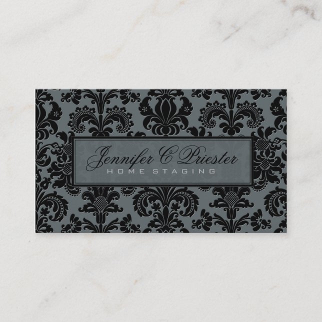 Blue-Grey & Black Elegant Vintage Floral Damask Business Card (Front)