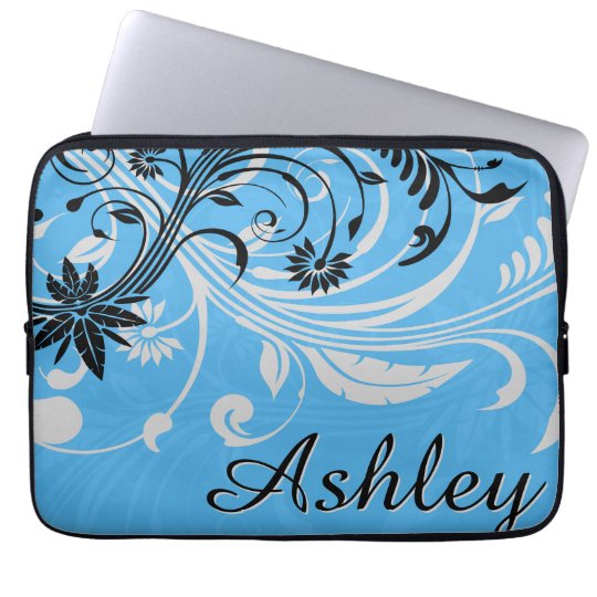 Blue Grey Black Floral Graphic Laptop Sleeve
