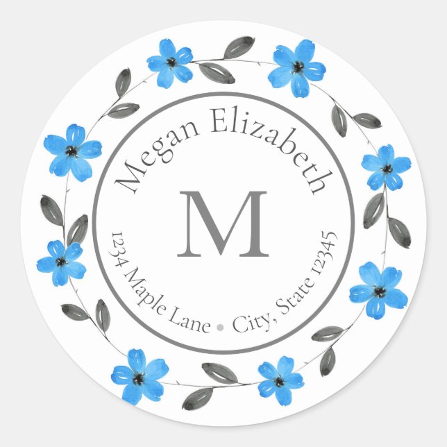 Blue Grey Black Watercolor Floral Wreath labels (Front)