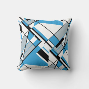 Blue Grey Black White Abstract Art Angular Design Cushion