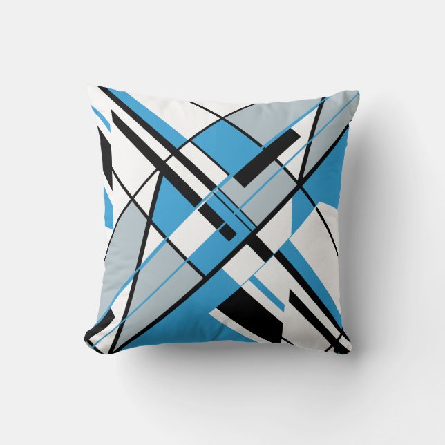 Blue Grey Black White Diagonal Angular Art Design Cushion (Front)