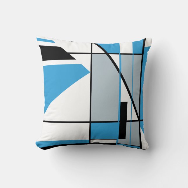 Blue Grey Black White Mosaic Geometric Abstract Cushion (Front)