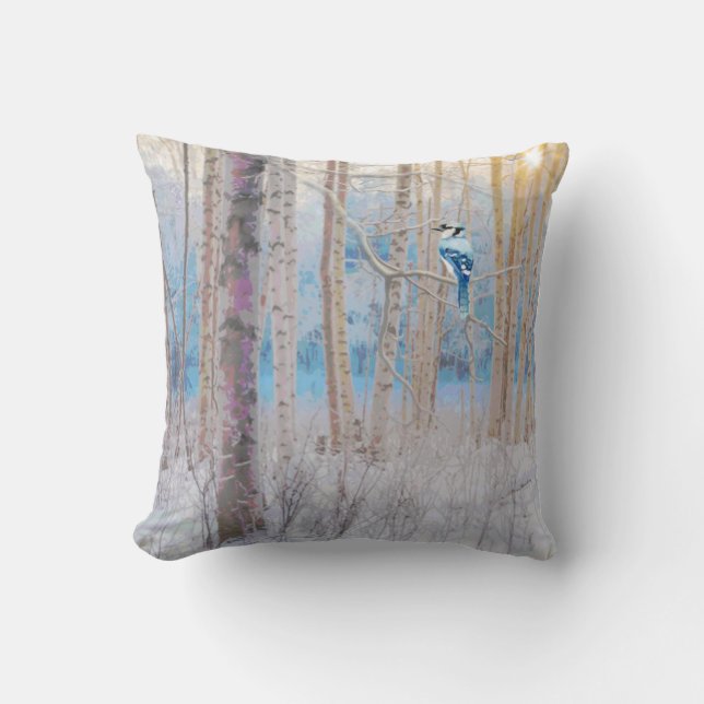 Blue Grey Blue Jay Bird Forest Trees Art Cushion (Front)
