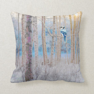 Blue Grey Blue Jay Bird Forest Trees Art Cushion