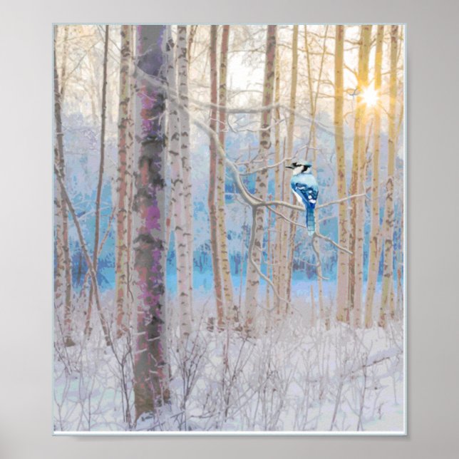 Blue Grey Blue Jay Bird Forest Trees Art Poster (Front)