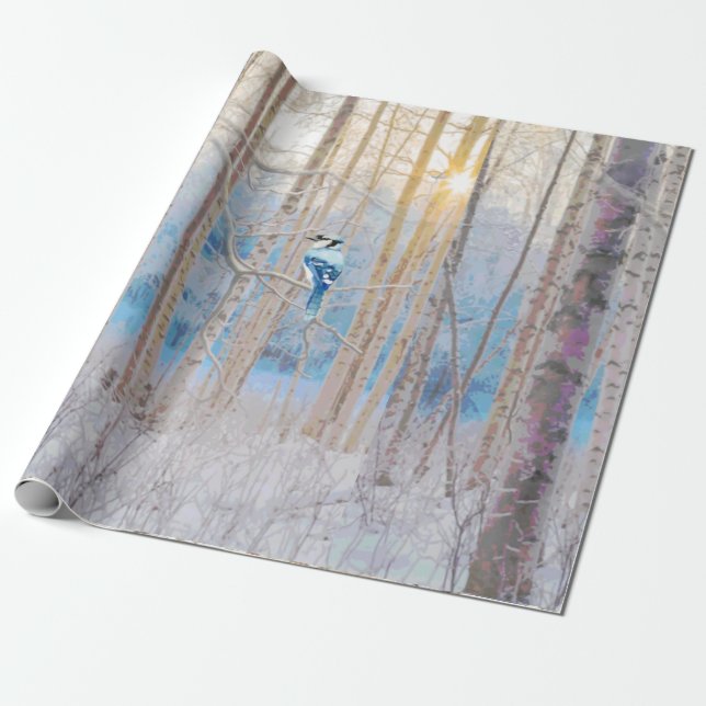 Blue Grey Blue Jay Bird Forest Trees Art Wrapping Paper (Unrolled)