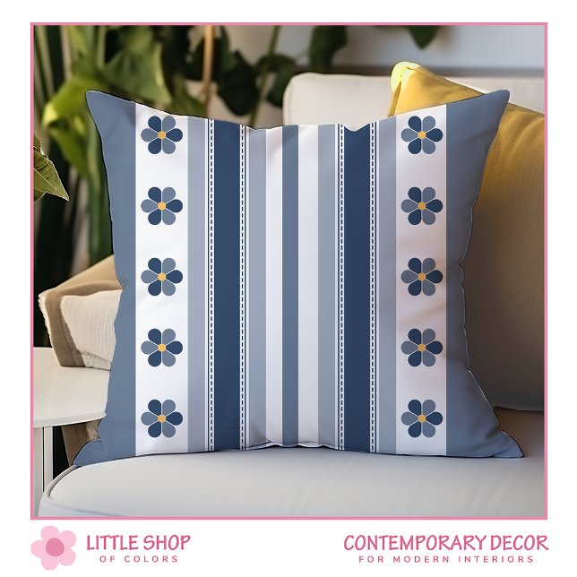 Blue Grey Bold Stripes Floral Cushion (Creator Uploaded)