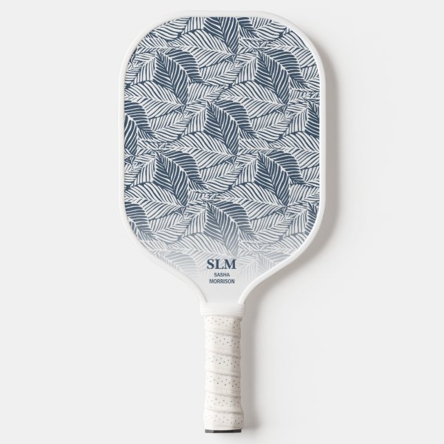 Blue Grey Botanical Leaf Pattern Custom Monogram Pickleball Paddle (Front)