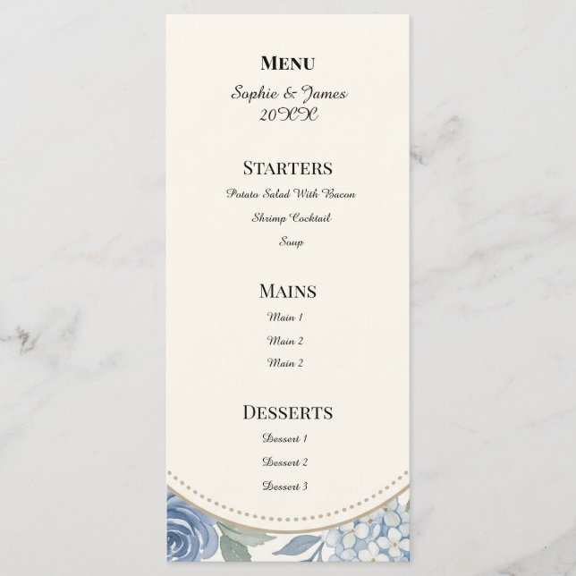 Blue Grey Botanical Reception Menu (Front)