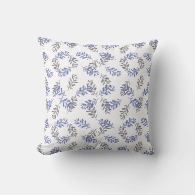 Blue & Grey Botanical Watercolor Pattern Cushion (Front)