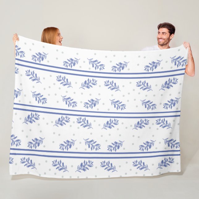 Blue & Grey Botanical Watercolor Pattern Fleece Blanket (In Situ)