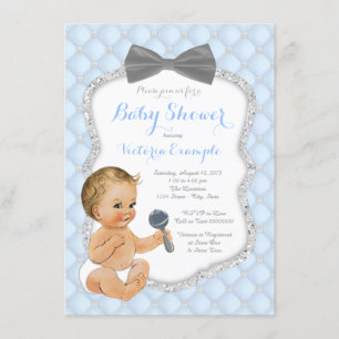 Blue Grey Bow Tie Boy Baby Shower Invitation