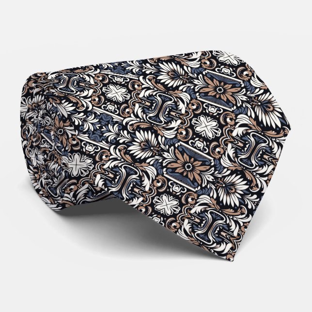 Blue-Grey, Brown, Buff, Black & White Pattern Tie (Rolled)