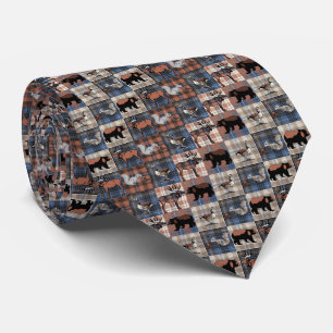 Blue Grey Brown Checks Woodland Animals on Plaid Tie