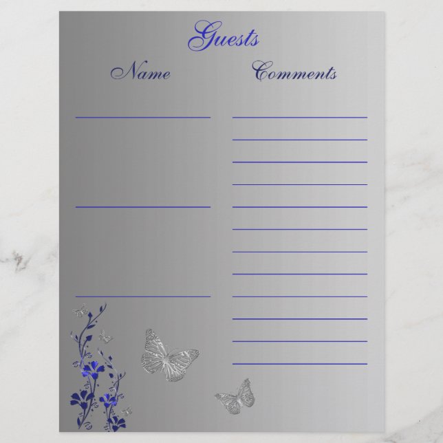 Blue Grey Butterfly Floral Guest Book Paper (Front)