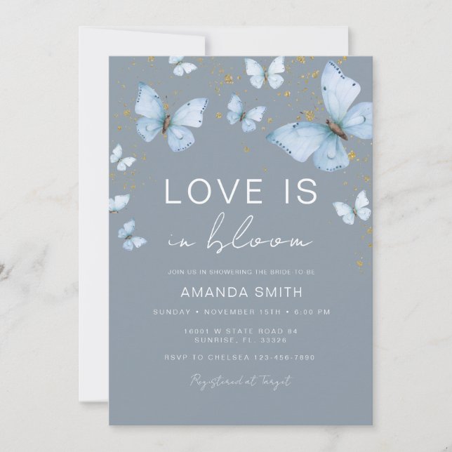 Blue Grey Butterfly Loves in Bloom Bridal Shower Invitation (Front)