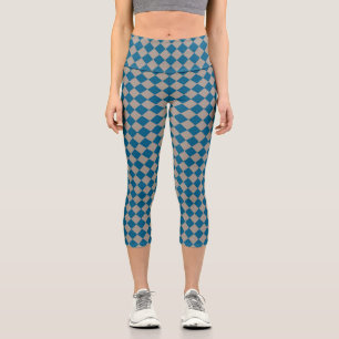Blue Grey Chequered Diamond Pattern Capri Leggings