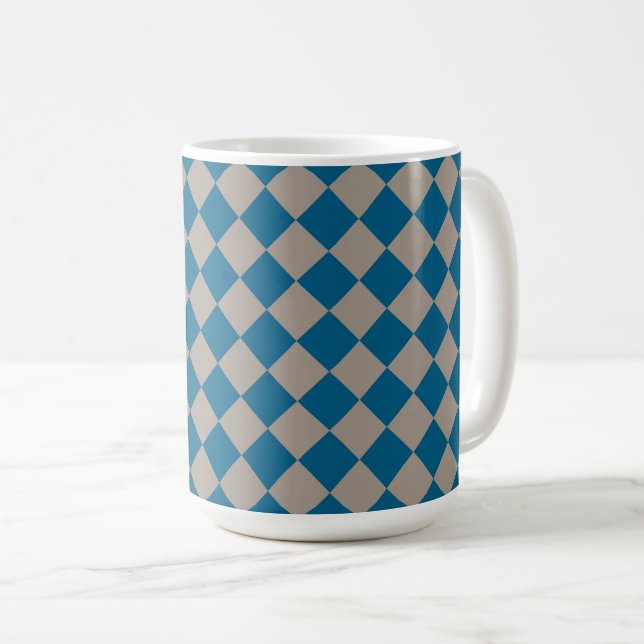Blue Grey Chequered Diamond Pattern Coffee Mug (Front Right)