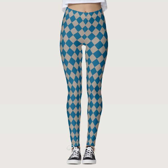 Blue Grey Chequered Diamond Pattern Leggings (Front)