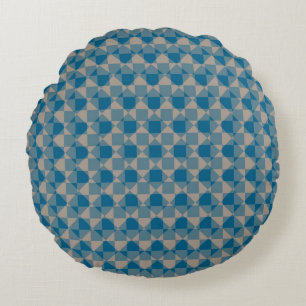Blue Grey Chequered Diamond Plaid Pattern Round Cushion
