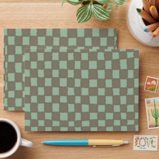 Blue Grey Chequered Stylish Chequerboard Pattern Envelope (Desk)