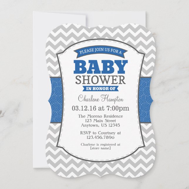 Blue Grey Chevron Baby Shower Invitation (Front)
